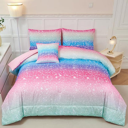 PERFEMET Blue Green Twin Comforter Set for Girls, 6 Pcs Colorful Rainbow Kids Bedding Sets, Tie Dye Ombre Twin Comforter Set with Sheets, Gradient Glitter Bed Sets for Bedroom Decoration