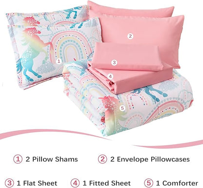 Twin Comforter Set for Girls, 6 Pieces Bed in a Bag, Colorful Unicorn Bedding Comforter Sheet Set, Ultra Soft and Fluffly, Pink & Rainbow Color, Colorful Bed in a Bag for Girls