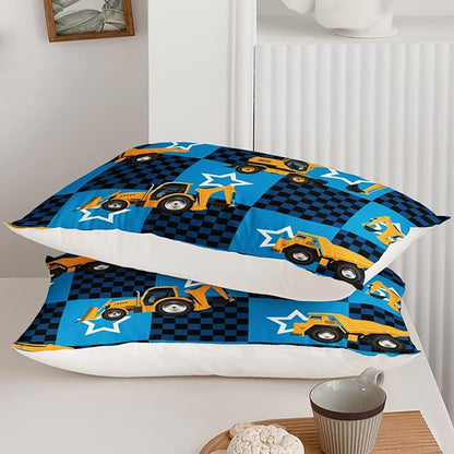 Axolotl Excavator Comforter Set Full Size,Blue Plaid Comforter Set with Star,Excavator Bedding Set for Kids Boys Teens,Construction Vehicle Comforter Set for Boys,1 Quilt 2 Pillowcases