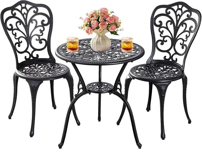 Patio Bistro Set 3 Piece Outdoor,Cast Aluminum Outdoor Bistro Table and Chair Set of 2 with 1.97" Umbrella Hole,All Weather Metal Bistro Table Set for Front Porch Set(Butterfly Black)