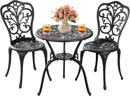 Patio Bistro Set 3 Piece Outdoor,Cast Aluminum Outdoor Bistro Table and Chair Set of 2 with 1.97" Umbrella Hole,All Weather Metal Bistro Table Set for Front Porch Set(Butterfly Black)