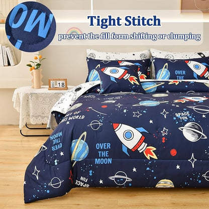 Rocket Comforter Set Full Size, 8 Piece Bed in a Bag Space Bedding Sets for Boys Girls Kids