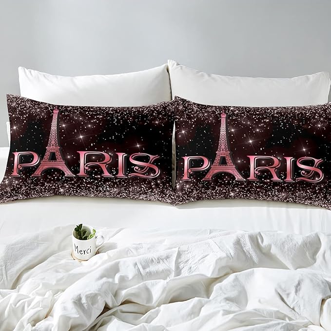 Erosebridal Eiffel Tower Comforter Set Twin Size, Paris France Duvet Sets for Kids Teens Adult Women Bedroom Decor Starry Sky Bling Bedding Set City Building Quilted Duvet with 1 Pillow Case