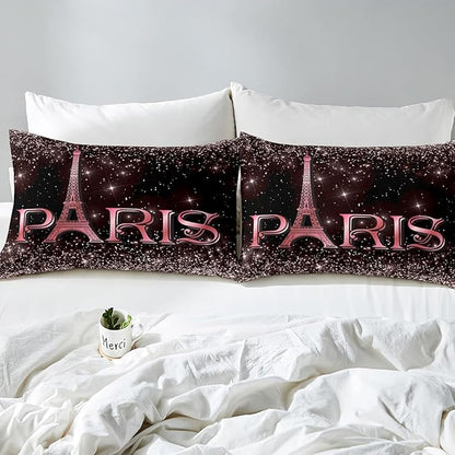 Erosebridal Eiffel Tower Comforter Set King Size, Paris France Duvet Sets for Kids Teens Adult Women Bedroom Decor Starry Sky Bling Bedding Set City Building Quilted Duvet with 2 Pillow Cases