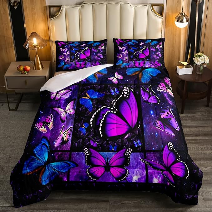 Erosebridal Butterfly Comforter Set Starry Sky Galaxy Comforter Blue Purple Butterfly Bedding Sets King for Kids Girls Teens Women Bed,Aesthetics Butterflies Quilt Duvet Set 2 Pillow Cases Room Decor