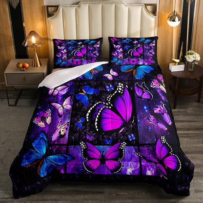 Erosebridal Butterfly Comforter Set Starry Sky Galaxy Comforter Blue Purple Butterfly Bedding Sets King for Kids Girls Teens Women Bed,Aesthetics Butterflies Quilt Duvet Set 2 Pillow Cases Room Decor