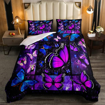 Erosebridal Butterfly Comforter Set Starry Sky Galaxy Comforter Blue Purple Butterfly Bedding Sets Full for Kids Girls Teens Women Bed,Aesthetics Butterflies Quilt Duvet Set 2 Pillow Cases Room Decor