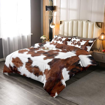 Erosebridal Cowhide Comforter Set for Kids Boys, Cute Brown White Cow Bedding Set Queen Size, Farm Animal Skin Down Comforter Western Cowboy Country Duvet Sets Farmhouse Decoration