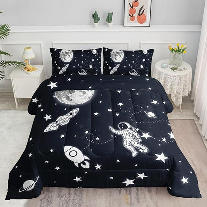 Datura home Kids Comforter Set Astronaut Space Rocket Printed Pattern Quilt Bedding Set with 1 Comforter and 2 Pillowcases for Girls Bedroom All Season(Space Rocket Full), Full 80x90inches