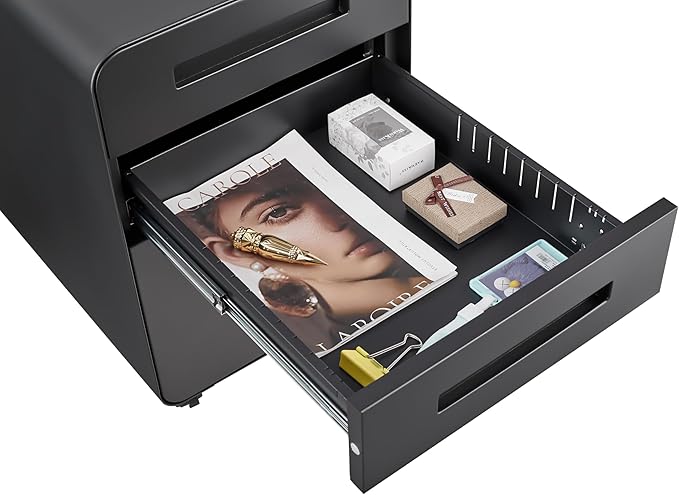 3 Drawer Mobile Desk Office with Lock and Wheels,Versatile Storage Cabinets w/Anti-Tilting Cold Rolled Steel Waterproof Moisture-Proof,for Legal/Letter/A4 Files,Black