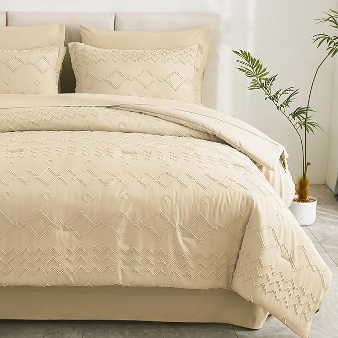 EMME Twin Comforter Set - 5 Pcs Beige Boho Bedding Sets, Tufted Comforter with Sheets, Shabby Chic Embroidery Twin Bed Set Fluffy Bed Bag for All Season(68"X90")