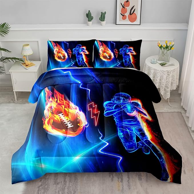 Axolotl Football Comforter Twin,Cool Blue Football Bedding Sports Theme Comforter Set for Boys,3D Rugby Sports Bedding Set Football Player On Fire for Boys Kids Teens,1 Quilt 2 Pillowcases,Black Blue