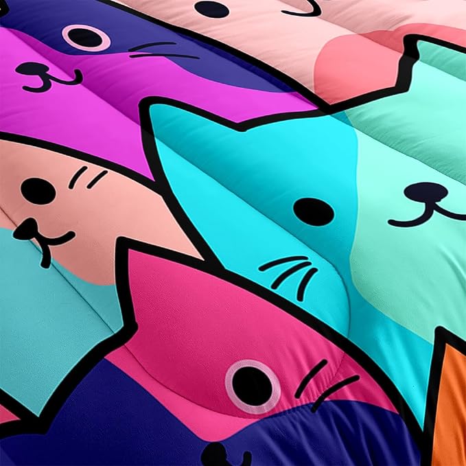 Cat Comforter Set Queen - Queen Size Colorful Cat Comforter Set for Kids Cute Cat Themed Bedding Queen Cartoon Cat Bedding for Girls, 1 Comforter+2 Pillowcases