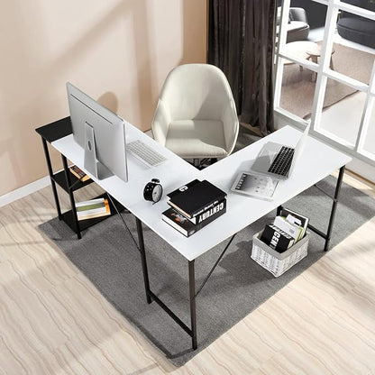 FurnitureR L-Shaped 58.3''Corner Computer Desk with Storage Shelf Long Gaming Desk for Home Office PC Workstation Saving Space Laptop Table (White and Black)