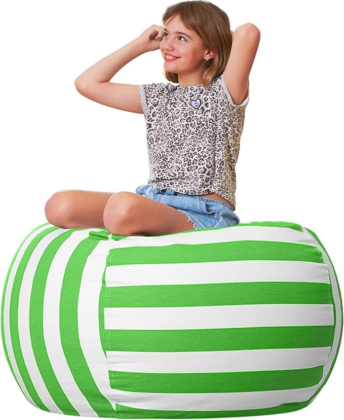 Aubliss Stuffed Animal Bean Bag Storage Chair, Beanbag Covers Only for Organizing Plush Toys, Turns into Bean Bag Seat for Kids When Filled, Medium 32"-Canvas Stripes Green/White