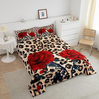 Rose Flower Comforter Set for Teens Adult Women Wedding Gift, Leopard Print Bedding Set Full Size, Valentine's Day Cheetah Duvet Sets Leopard Animal Skin Down Comforter for Bedroom Decor, Brown