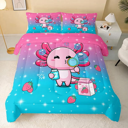 Kawaii Axolotl Comforter,Pink Salamander Comforter Set for Kids Teens Girls,3Pcs Bedding Set Printed Comforter with 2 Pillowcases,Down Alternative,Soft and Lightweight(Pink，King Size)