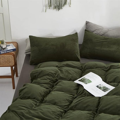 Dark Green Velvet Comforter Set Full Army Green Flannel Velvet Bedding Comforter Set All Deep Green 3 PCs Shaggy Soft Warm and Durable Flannel Blanket Full Women Green Velvet Bedding Set