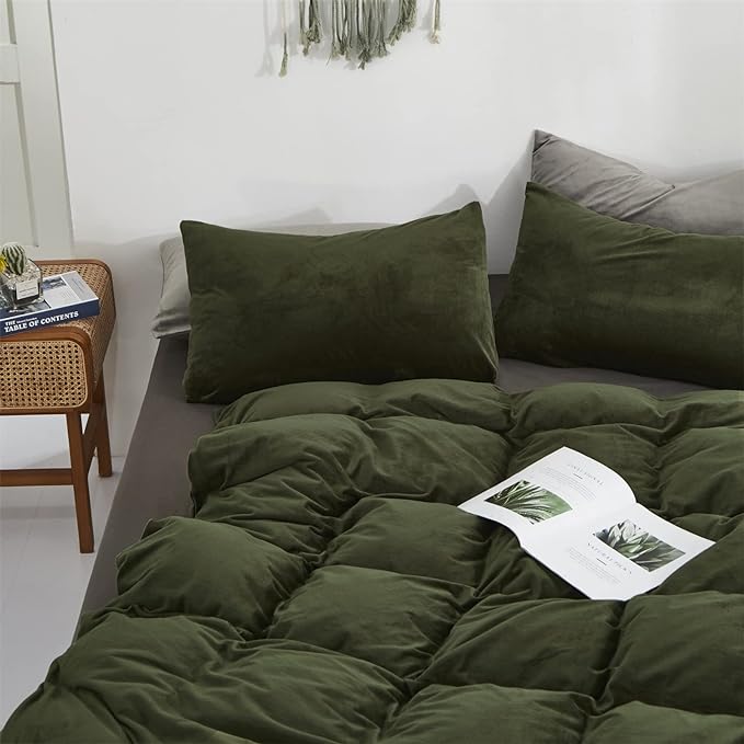 Dark Green Velvet Comforter Set Cal King Army Green Flannel Velvet Bedding Comforter Deep Green 3 PCs Shaggy Soft Warm and Durable Flannel Blanket California King Women Green Velvet Bedding