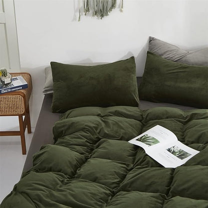 Dark Green Velvet Comforter Set Cal King Army Green Flannel Velvet Bedding Comforter Deep Green 3 PCs Shaggy Soft Warm and Durable Flannel Blanket California King Women Green Velvet Bedding