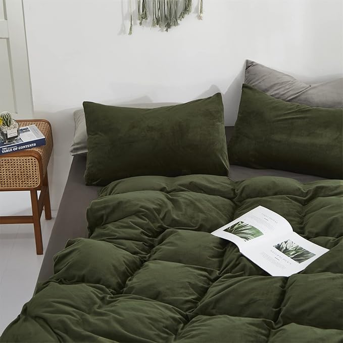 Dark Green Velvet Comforter Queen Army Green Flannel Velvet Bedding Comforter Set Deep Green 3 PCs Shaggy Soft Warm Durable Flannel Blanket Queen Women Green Velvet Bedding Set