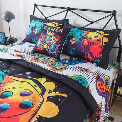 ADASMILE A & S Gamer Comforter Sets for Boys Teens 6 Pieces Gaming Bedding Set Twin Size Colorful Video Game Gaming Comforter for Kids Gamer Bed in A Bag Comforter with Gamer Sheets Home Decor