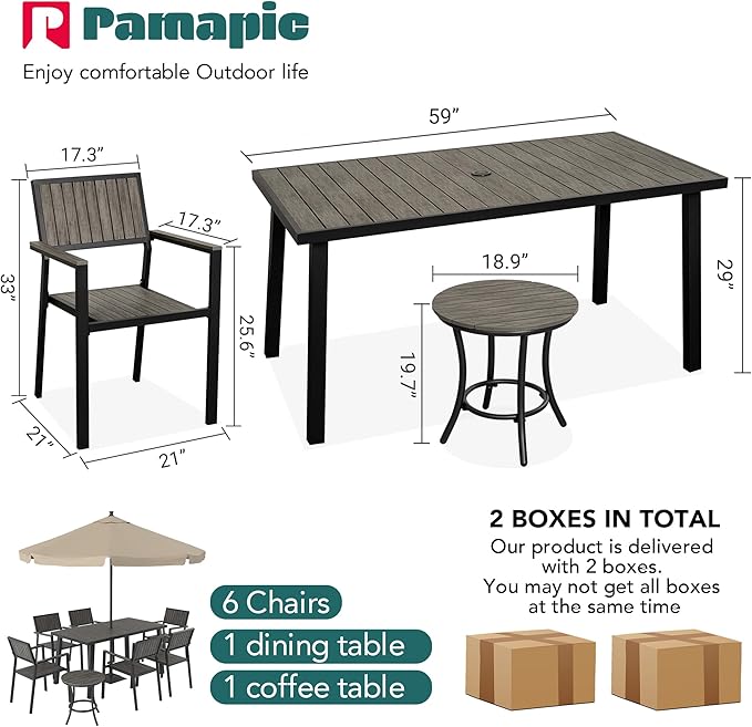 Pamapic Aluminum Outdoor Dining Set, Patio Dining Set for 8 with 6 Outdoor Stackable Chairs, Patio Table and Chairs Set with Plastic-Wood Table Top for Patio, Garden(Charcoal Gray)