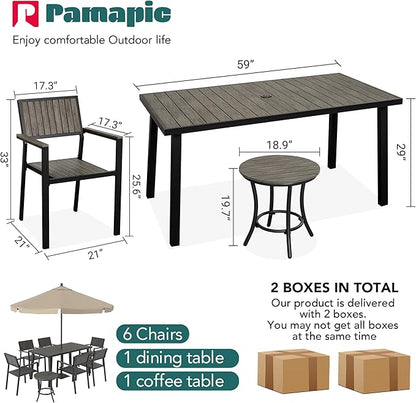 Pamapic Aluminum Outdoor Dining Set, Patio Dining Set for 8 with 6 Outdoor Stackable Chairs, Patio Table and Chairs Set with Plastic-Wood Table Top for Patio, Garden(Charcoal Gray)