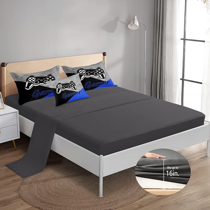 5 Pieces Bed in A Bag Gamer Bedding Set for Boys Kids Gaming Comforters Set,Gamer Bed in a Bag Complete with Comforter Set Sheets Flat Sheet Pillowcase,DJT5002Twin Size