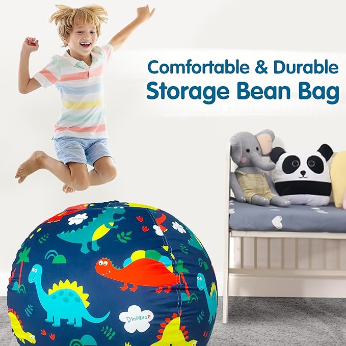 Lukeight Stuffed Animal Storage Bean Bag Chair Cover for Kids, Dinosaur Zipper Beanbag Chair Cover for Organizing Toddler & Kids' Rooms Plush Toys (Dinosaur Navy, X-Large)