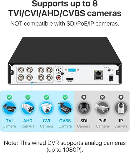 ZOSI 3K Lite 8 Channel Hybrid 4 in 1 HD TVI CCTV DVR, AI Human/Vehicle Detection, Remote Access, 8CH 1080P H.265+ Surveillance Video Recorder with 1TB Hard Drive for Home Security Camera System