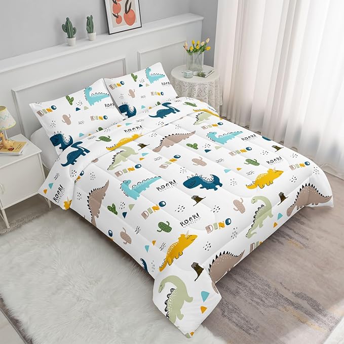 Datura home Dinosaur Comforter Set White Kawaii Dinosaur Printed Quilt Bedding Set with 1 Comforter and 2 Pillowcases for Boys and Girls Bedroom All Season(White Dinosaur Full)