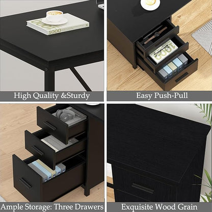 HSH Large Black L Shaped Desk, Corner Wood Computer Desk with Drawer, Modern Work Home Office Desk with Storage Cabinet, Industrial Executive PC Study Writing Desk for Living Bedroom, Black, 59 Inch
