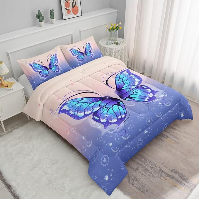 Datura home Bedding Comforter Set Pink Purple Butterfly Printed Pattern Quilt with 1 and 2 Pillowcases for Girls Bedroom All Season(Butterfly Full) Full 80x90inches