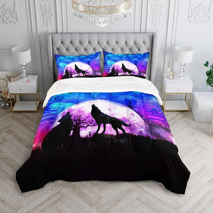 Wolf Comforter Set Galaxy Wolf Night Moon Bedding Set for Kids Teens Room Decor Wild Animals Comforter with 2 Pillowcases