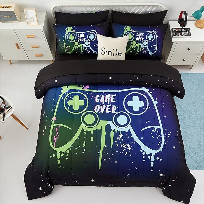 Kids Gaming Bedding Sets Full Size for Boys Teen, 5 Piece Bed in a Bag Gamer Comforter Set with Sheets, 3D Colorful Video Game Controller Comforter, All Season Soft Microfiber Bed Set(Blue,Full)