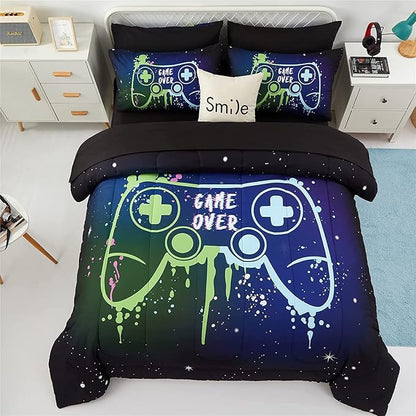 Kids Gaming Bedding Sets Full Size for Boys Teen, 5 Piece Bed in a Bag Gamer Comforter Set with Sheets, 3D Colorful Video Game Controller Comforter, All Season Soft Microfiber Bed Set(Blue,Full)