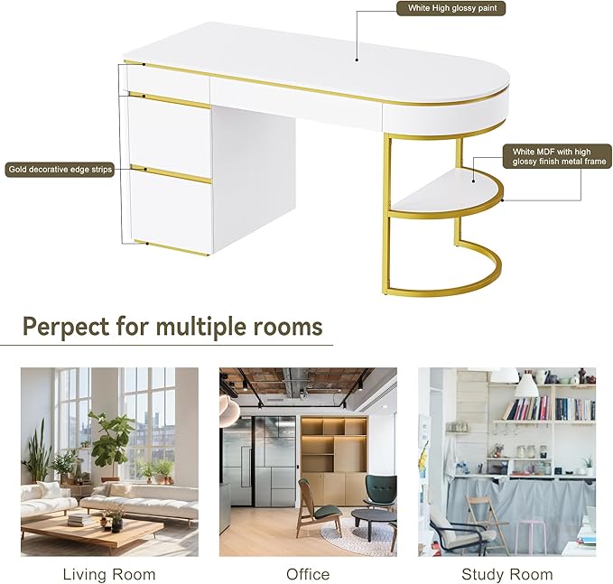 NicBex Laik-DW-00036-DX Desks, 60" W x 26.1" D x 31.9" H, Gold+White