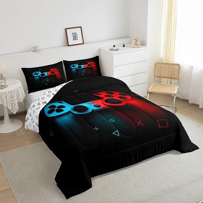 Erosebridal Boys Gamepad Comforter Set King,Play Gamer Bedding Set Kid Young Man Video Games Down for Teen Child Game Room Decor Black Classic Retro Gaming Quilt Duvet Set with Controller Button
