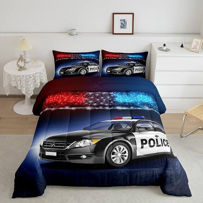 Erosebridal Police Car Comforter Sets King Size,Policeman Vehicle Bedding Set for Kids Boys Children,Red Blue Cop Lights Down Comforter Geometric Graphics Duvet Sets Bedroom Decor with 2 Pillow Cases