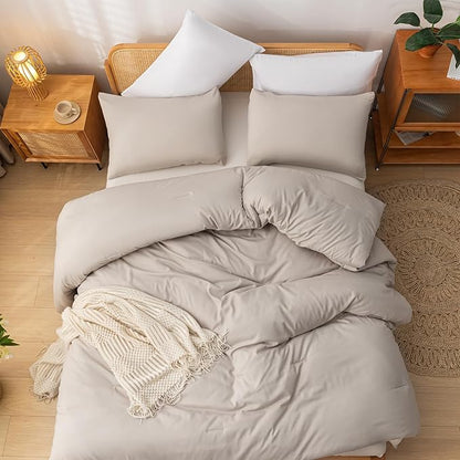 Twin Size Comforter Sets Solid Color 2PCS Boho Beige Bed Comforter Set Tannish Grey Soft Lightweight Microfiber Kids Bedding Set for All Season (1 Comforter, 1 Pillowcase)