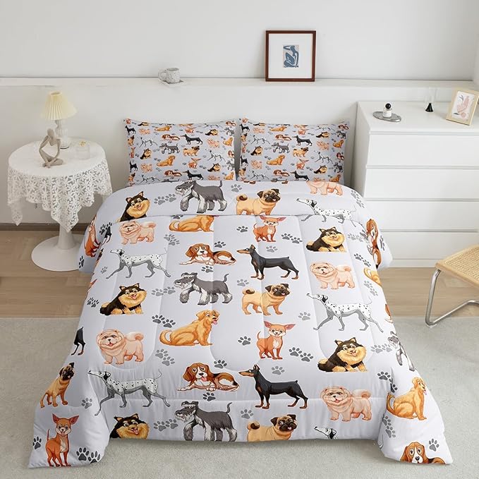 Kids Cute Dog Comforter Set Cartoon Dogs Bedding Set for Boys Girls Pet Dog Puppy Animal Lover Comforter Lovely Dog Paw Comforter for All Season Room Decor King Size Boys
