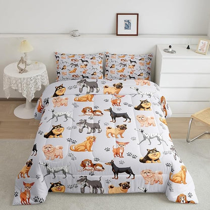 Kids Cute Dog Comforter Set Cartoon Dogs Bedding Set for Boys Girls Pet Dog Puppy Animal Lover Comforter Lovely Dog Paw Comforter for All Season Room Decor King Size Boys