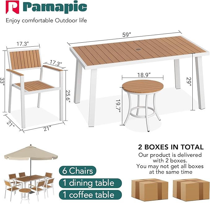 Pamapic 8-Piece Patio Dining Set，Outdoor Aluminum Furniture Set with Plastic-Wood Table Top,Outdoor Furniture Set with 6 Outdoor Stackable Chairs for Patio Garden Poolside (White)