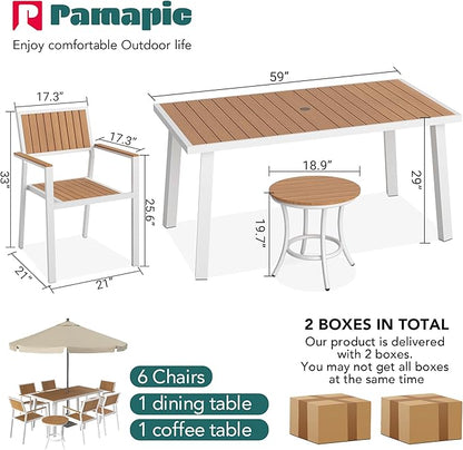 Pamapic 8-Piece Patio Dining Set，Outdoor Aluminum Furniture Set with Plastic-Wood Table Top,Outdoor Furniture Set with 6 Outdoor Stackable Chairs for Patio Garden Poolside (White)