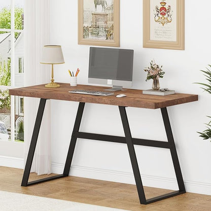 BON AUGURE Computer Desk, Modern Simple Wood Home Office Desk, Wood and Metal PC Writing Workstation, Walnut Sturdy Home Office Desks (55 Inch, Rustic Oak)