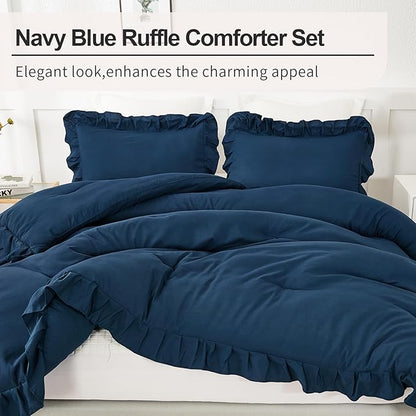 Andency Navy Blue Full Size Comforter Set(79x90Inch), 3 Pieces(1 Ruffle Comforter and 2 Pillowcases) Lightweight Fluffy Bedding Comforter Sets Full Bed, All Season Soft Microfiber Bedding Set