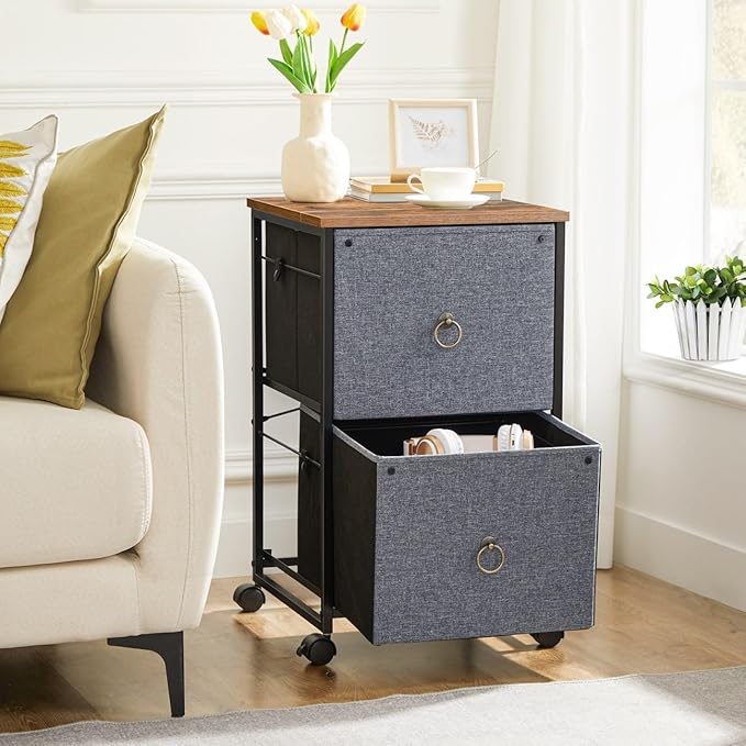 HOOBRO 2 Drawer Mobile File Cabinet, Rolling Printer Stand, Vertical Filing Cabinet, Office Cabinet, Filing Cabinet for Home Office, A4/Letter Size, Nonwovens Drawer, Rustic Brown and Gray BFG20WJ01