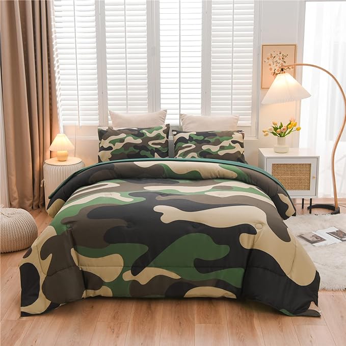 Meeting Story Camouflage Bedding Set, Green Camouflage Comforter Set, 5 PCS One Comforter and Two Pillowases, All Season Soft Bedspread for Boys Teens Adults (Green, Twin 5Pcs)