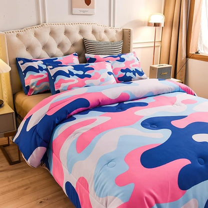 Meeting Story Camouflage Bedding Set, Colorful Pattern Style Twin Camouflage Comforter Set, 3 PCS 1 Comforter and 2 Pillowcases in One Bag, All Season Bedspread for Kids Teens Adults (Blue, Twin)